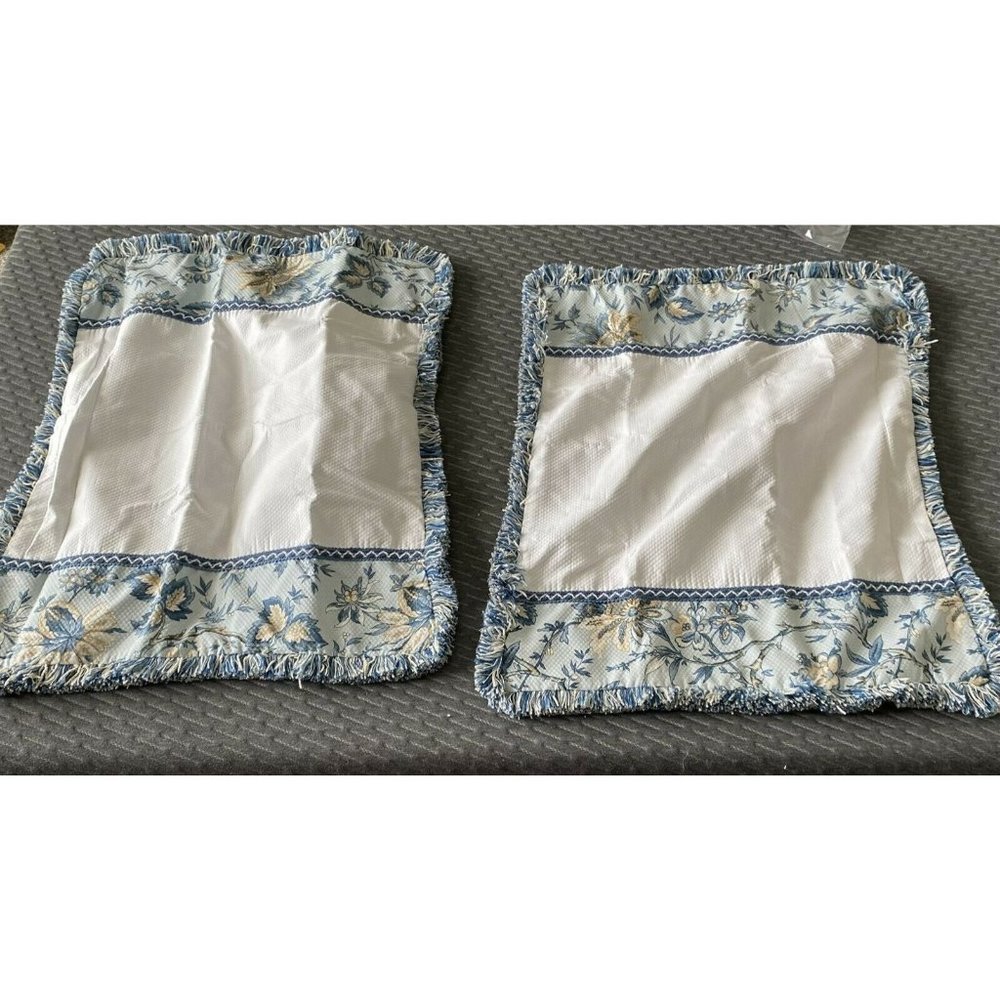 Waverly Pillow Shams Blue Floral White with Fringe set of 2 Cotton